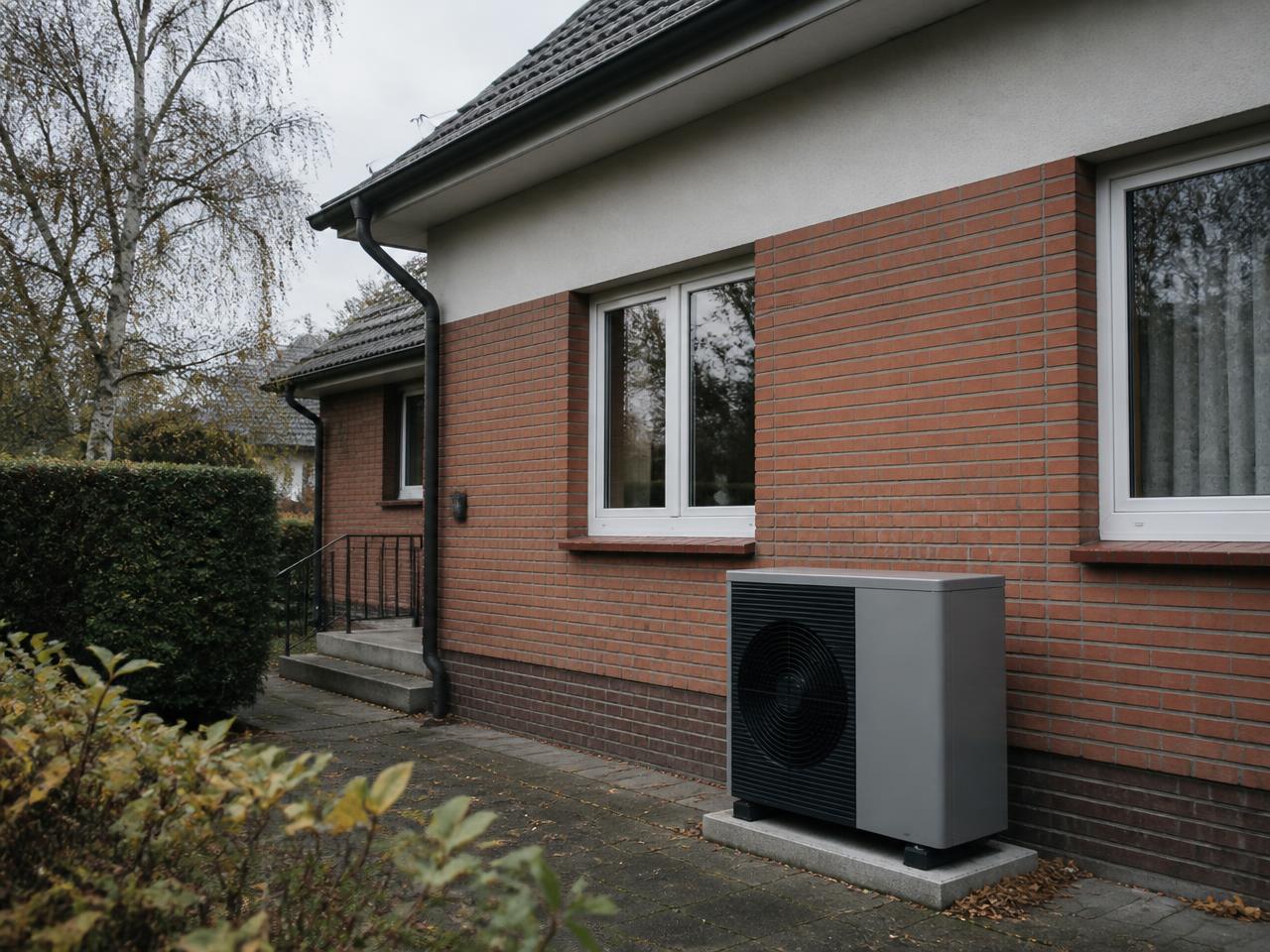 Wärmepumpen-Außeneinheit an einem Altbau aus den 1960er-Jahren